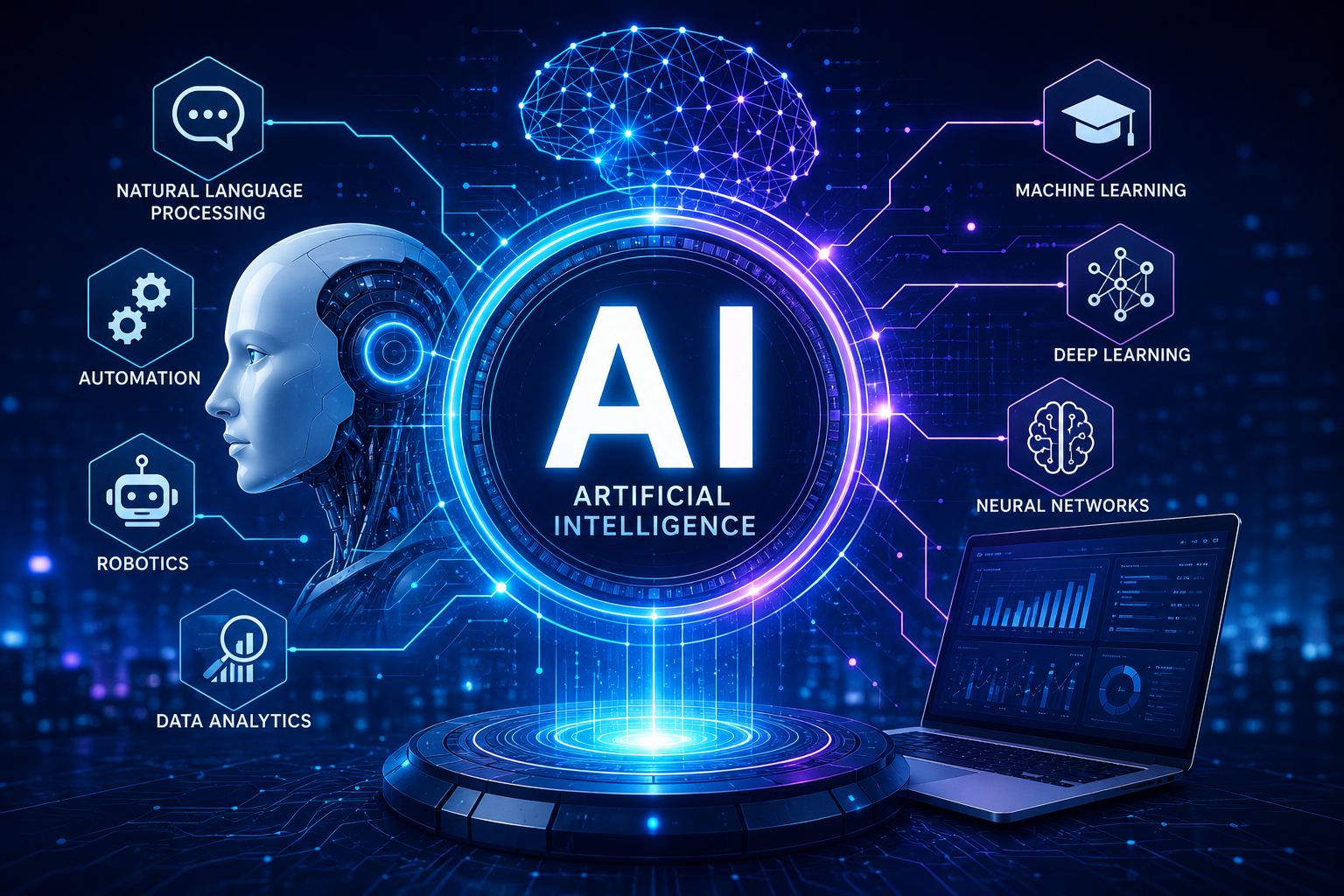 A futuristic AI-themed digital illustration featuring a glowing “AI – Artificial Intelligence” centerpiece surrounded by advanced technology elements. The image includes a humanoid robot profile, neon blue and purple lighting, machine learning icons, neural network graphics, automation symbols, data analytics visuals, and a modern laptop dashboard on a dark cyber-tech background.