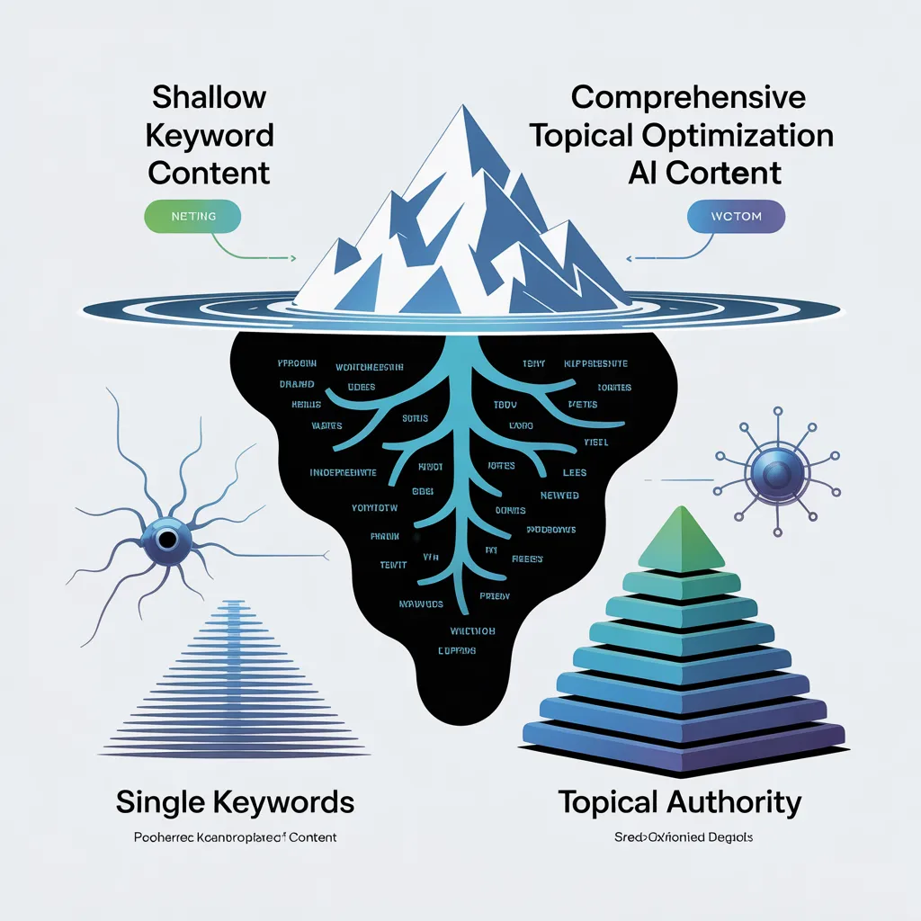 **Alt text:** “Illustration comparing shallow keyword-focused content with comprehensive topical optimization, showing an iceberg model where surface-level keywords contrast with deep, interconnected content structures that build topical authority and AI-driven relevance.”