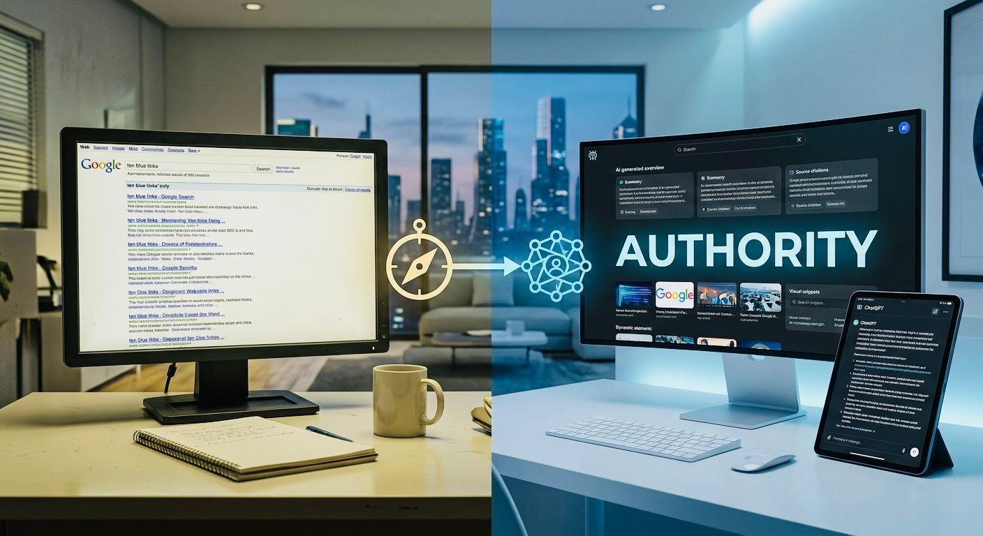 A digital illustration showing a comparison between a traditional search engine results page (SERP) and a modern, AI-generated overview. An arrow points from the old SERP, which features the classic list of blue links, to the new AI version. The AI overview display emphasizes the word 'AUTHORITY' in large, bold letters and includes cards with summaries, source citations, and visual snippets, alongside a tablet showing ChatGPT.