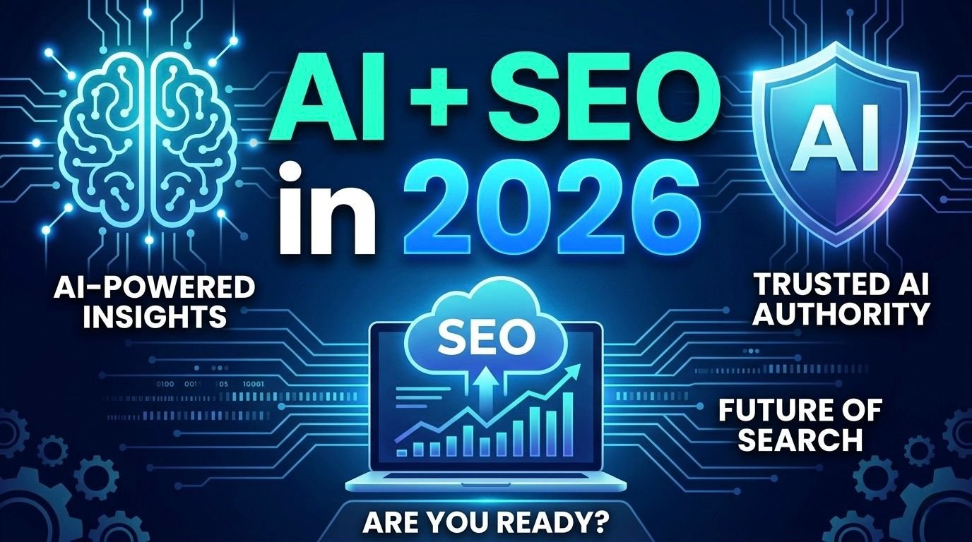 Here is the alt text for the second thumbnail image (AI + SEO in 2026): **Alt Text:** A high-contrast digital marketing thumbnail titled "AI + SEO in 2026" in bold, glowing white and blue text. The background is a dark navy blue with glowing cyan circuit board patterns and mechanical gears. On the left is a glowing cyan brain icon labeled "AI-Powered Insights," and on the right is a blue shield with an "AI" logo labeled "Trusted AI Authority." In the center, a laptop displays a rising growth chart under a glowing cloud labeled "SEO." The bottom includes the text "Future of Search" and a call-to-action asking, "Are You Ready?"
