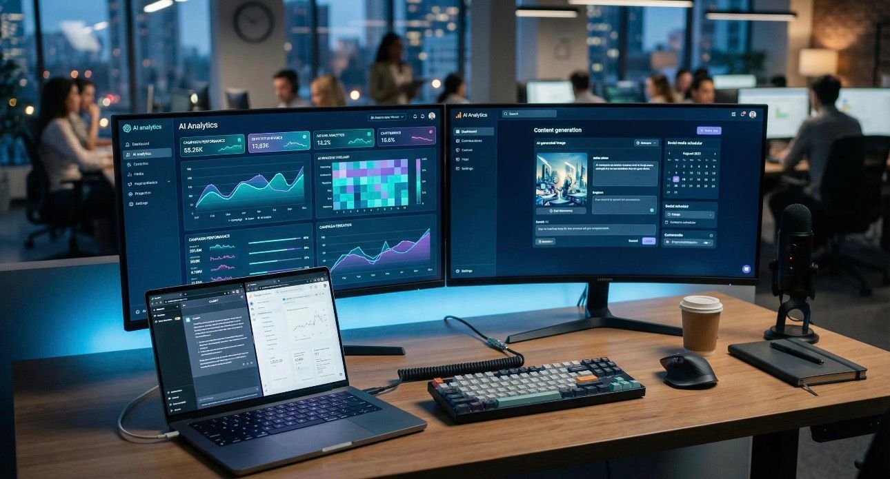 Modern AI-powered digital marketing workspace featuring dual analytics dashboards, content automation tools, SEO performance graphs, and social media scheduling interfaces on large monitors. The setup includes a laptop, mechanical keyboard, microphone, and a professional office environment, representing data-driven marketing, automation, and content strategy in a futuristic agency setting.