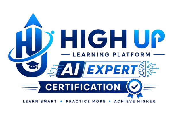Blue gradient “HIGH UP Learning Platform” logo featuring AI Expert Certification branding with futuristic design elements, badge icon, and slogan text on a transparent background.